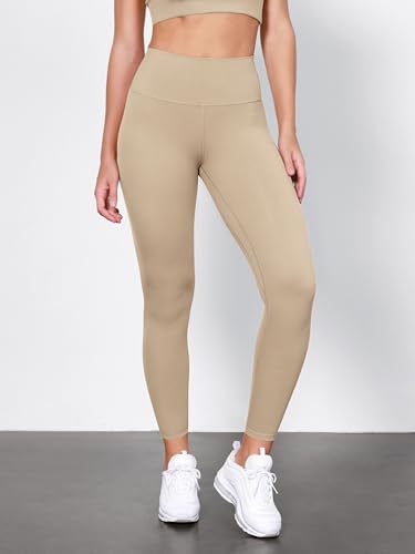 ODODOS Tummy Control 7/8 Compression Leggings with Inner Pocket for Women, 25' High Waist Workout Running Yoga Pants, Beige, Large