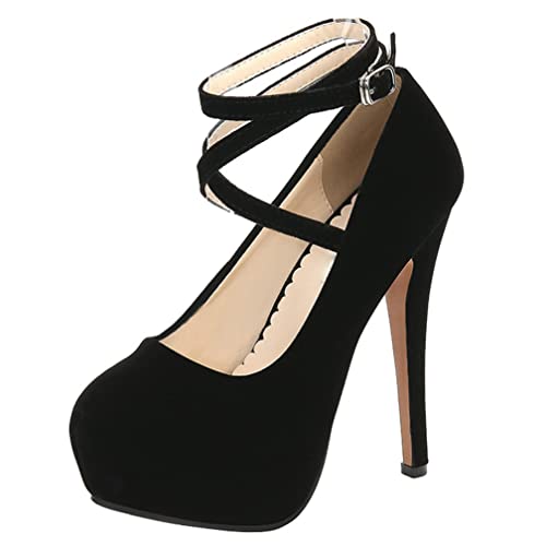 KISSASA Womens High Heel Stiletto Round Toe Ankle Strap Pumps Faux Suede Mary Jane Platform Heels