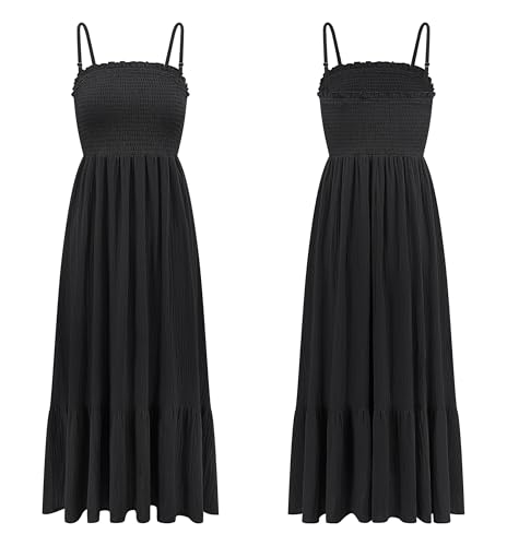 Image of R.Vivimos Womens Summer Boho Cotton Maxi Dress Adjustable Spaghetti Strap Elastic Smocked Casual Ruffle Hem Flowy Beach Dress