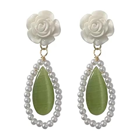 Clip On Dangle Earrings, Not Pierced Green Opal Gemstone Drop Earrings White Rose Pearl Long Dangle Earrings for Womens Cover