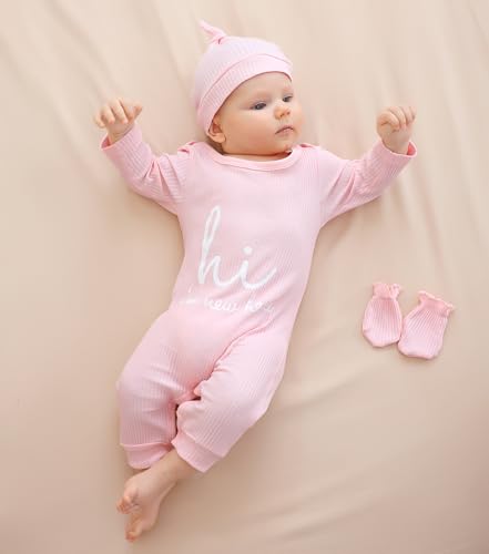 Baby Boy Girl Ribbed Onesies Romper Coming Home Outfits Letter Print Bodysuit Jumpsuit Hat Glove 3PCS Clothes Set4