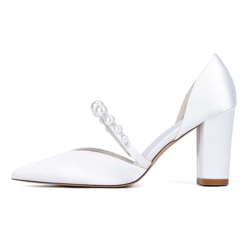 Women's Satin Bridal Shoes with Pearls Ankle Strap Block Heel Dress Pumps Pointy Toe Slip on Wedding Party Court Shoes3