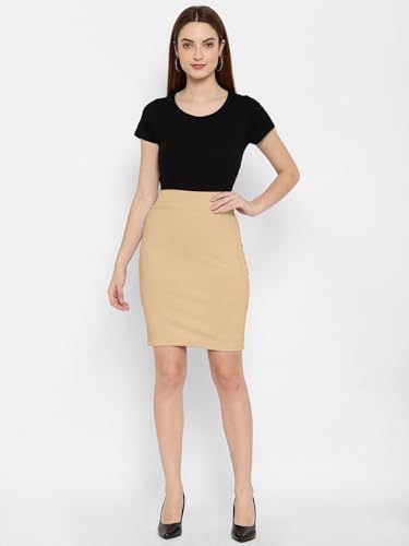 Image of Mehrang Formal Pencil Skirt, Women's Stretchable Pencil Midi Skirt, Cotton Blend Stretchable Knee Length Pencil Skirt with Elasticated Waist Belt