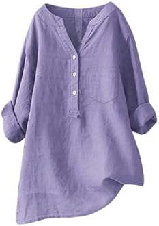 Linen Shirts for Women 2025 Buttons V Neck Cloths Long Sleeve Pockets Tshirt Trendy Dressy Blouses Casual Tunic Tops