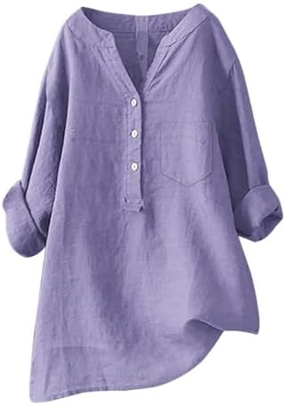 Linen Shirts for Women 2025 Buttons V Neck Cloths Long Sleeve Pockets Tshirt Trendy Dressy Blouses Casual Tunic Tops