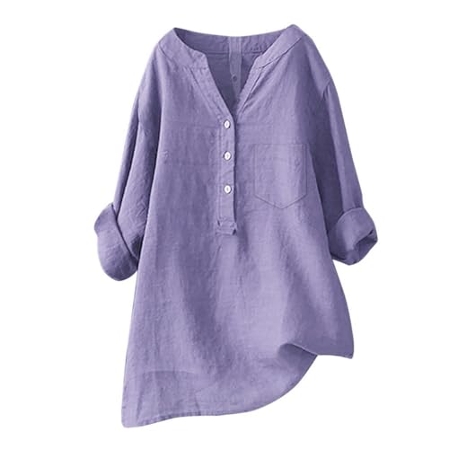 Linen Shirts for Women 2025 Buttons V Neck Cloths Long Sleeve Pockets Tshirt Trendy Dressy Blouses Casual Tunic Tops