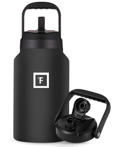 IRON °FLASK Sports Water Bottle - Gallon Series - 2 Lids (Straw and Spout), Leak Proof, Vacuum Insulated Stainless Steel, Double Walled, Thermo Mug, Metal Canteen Jug Growler - Midnight Black, 128 Oz