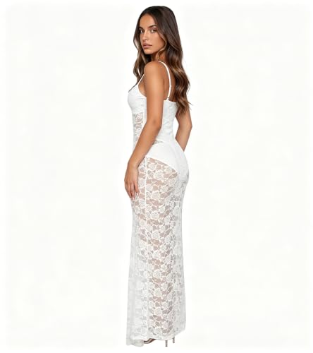 Image of PORRCEY Women's Sexy Rhinestone Lace Sheer Mesh Formal Evening Dress