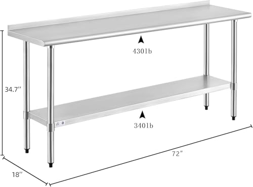 Image of ROCKPOINT Stainless Steel Table for Prep & Work with Backsplash 18x72 Inches, NSF Metal Commercial Kitchen Heavy Duty Table with Adjustable Under Shelf and Table Foot for Restaurant, Home and Hotel