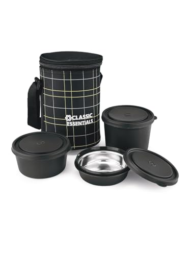 Image of CLASSIC ESSENTIALS Lunch Box, Microwave Safe & Leak Proof, 3 Inside Steel Containers with BPA Free Lids (250ml, 400ml & 600ml), Insulated Fabric Bag (Black)
