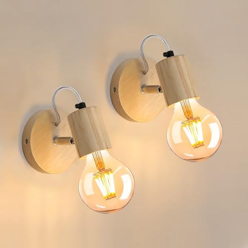Comely Applique Murale Bois Naturel – Lot de 2, Douille E27, Design Scandinave Minimaliste, Applique Murale Intérieure pour Chambre Couloir Salon (Sans...