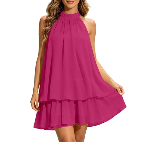 Image of Women's Halter Neck Chiffon Mini Dress Women's Summer Halter Tie Mini Dress Sleeveless Backless Puffball Dresses Summer Vacation Y2K Party Sundress Hot Pink