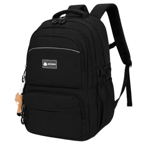 Mochila Escolar Grande Passe Impermeável Notebook Bolsa De Costas Unissex Reforçada Escola Faculdade Viagem Com Chaveiro Urso Homem Mulher Adulto Adolescente (Preto)
