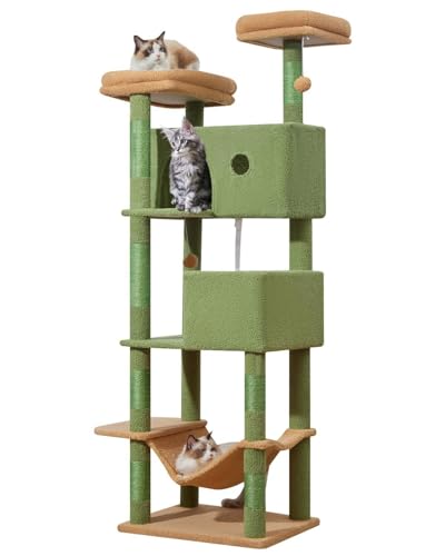 Taoqimiao 70.4-Inch Cat Tree for Large Cats, Plush Multi-Level Cat Condo with 7 Scratching Posts, 2 Luxury Perches, 2 Caves, Hammock, 2 Pompoms, Scratch Board for Indoor Cats MS030LT Cactus