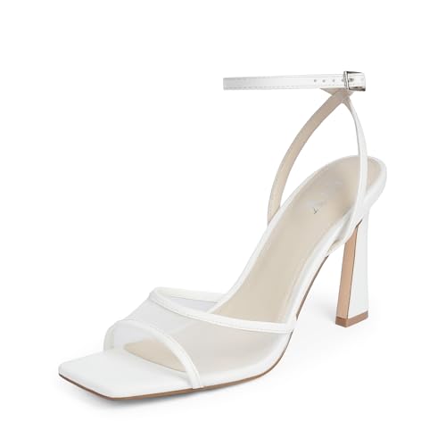 Image of QIY Strappy Heels for Women Heeled Sandals Square Toe Heel Ankle Strap Stiletto Mesh High Heels Dress Shoes