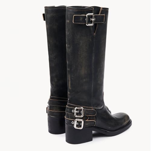 Black Women's Knee High Boots Motorcycle Boot Comfortable Pull On Square Toe Chunky Low Heel Fashion Vintage Metallic Buckles Biker Riding Boots.4