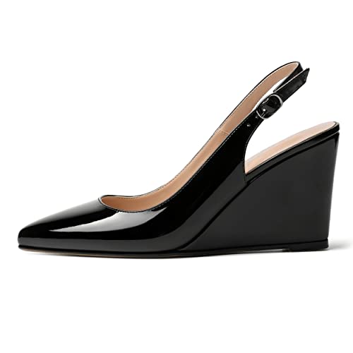WAYDERNS Women's Pointed Toe Adjustable Strap Ankle Strap Dating Fashion Slingback Buckle Solid Patent Wedge High Heel Pumps Shoes 3.3 Inch2