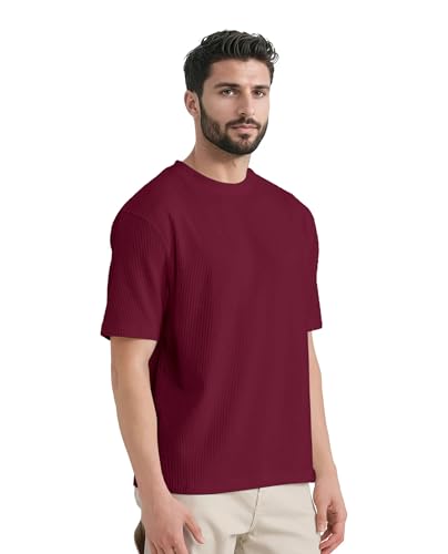 Image of GRECIILOOKS Men's Polycotton Textured Drop Shoulder Oversized Fit T-Shirt