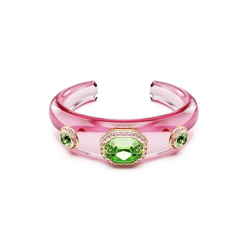 Swarovski Dulcis Cuff Bracelet, Pink Band with Green Mixed-Cut Crystals in a Gold-Tone Finished Frame, Size S, Part of the Dulcis Collection