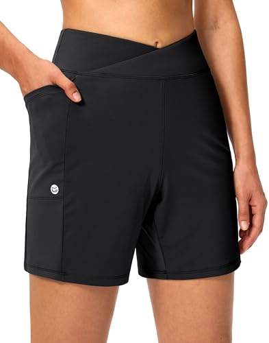 G Gradual Women's Athletic Shorts 6' High Waisted Stretchy Bermuda Shorts for Women Quick Dry Summer Casual Shorts(Black,L)