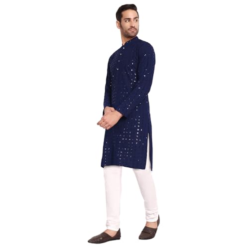 Image of Rayon Ethnic Wear Full Chikankari Sequin Embroidery Mirror Work Traditional Straight Kurta Pyjama Set for Men
