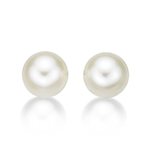 Diamond Treats Kolczyki z perłami słodkowodnymi 6 mm, 7 mm lub 8 mm, prawdziwe okrągłe białe perły słodkowodne, 9-karatowe żółte złoto, kolczyki sztyfty dla kobiet i nastolatek, proste kolczyki z