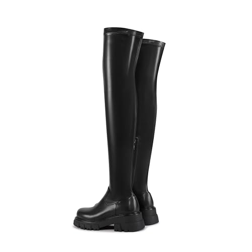 Women Thick sole Round toe Black Side Zippers Thigh High Boots Ladies Solid Elastic Over Knee High Boots2