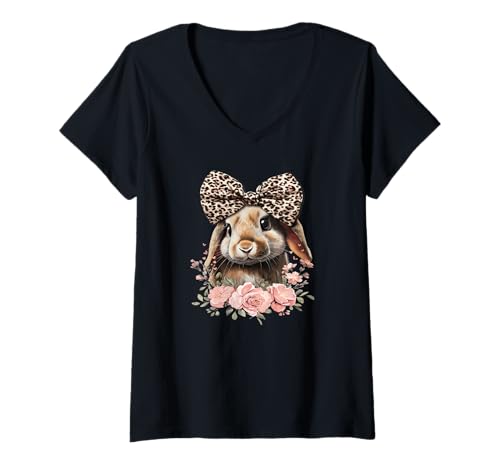 Damen Funny Womens Girls Floral Leopard Holland Lop Rabbit Lover T-Shirt mit V-Ausschnitt