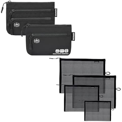 SUPACOOL Travel Essential, Set of 4 Black Mesh Cosmetic Makeup Organizer Bags and 2PCS Passport Holder Wallet Bag Cover