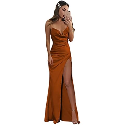 Clothfun Women's V-Neck Cowl Satin Bridesmaid Dresses Long Mermaid Formal Dress with Slit CY011, Burnt Orange, 8 Cover