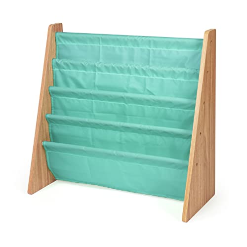 Image of Humble Crew Kids Bookshelf, 4-Tier Front-Facing Book Display Organizer, Montessori Toddler Bookcase for Playroom, Bedroom & Reading Corner, Natural Wood /Seafoam Green