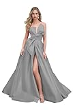 DIORIXD A Line Formal Dresses for Women Sleeveless V Neck Bridesmaids Dress Back Lace Up Long Slit Shiny Satin Evening Party Cocktail Gown Strapless Ruched Wedding Guests Gownn Silver 6