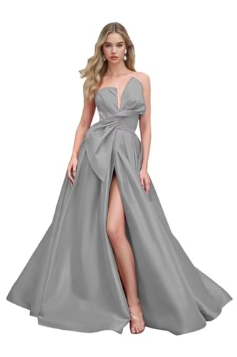 DIORIXD A Line Formal Dresses for Women Sleeveless V Neck Bridesmaids Dress Back Lace Up Long Slit Shiny Satin Evening Party Cocktail Gown Strapless Ruched Wedding Guests Gownn Silver 6