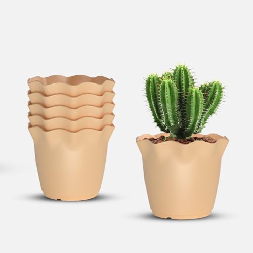 Image of YUCCABE ITALIA SHERA Flower Plastic Flower Pot Unbreakable Round Shape Planter with Drainage Holes Planter Suitable for Home Garden Seedling Indoor and Outdoor (Beige, 6 INCH - 6 Pcs)