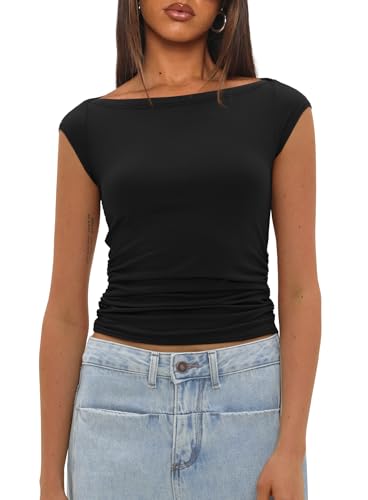 Darong Women's Summer Boat Neck Tops Cap Sleeve Slim Fitted Modal Basic Tee Trendy Casual Shirts4