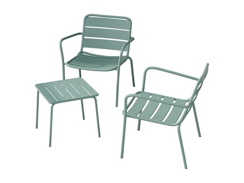 Vente-unique - Salon de Jardin en métal - 2 fauteuils Bas empilables et Une Table d'appoint carrée - Vert Amande - MIRMANDE de MYLIA