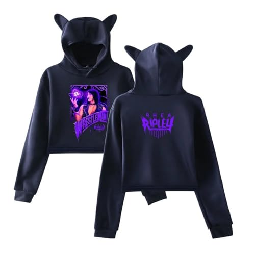 Sudadera con Capucha Corta Y Orejas De Gato Rhea Ripley Sudadera Mujer Manga Larga Jersey Moda Bonita Retro Y2K Ropa Urbana-Navy||l