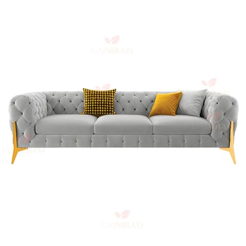 Image of 4 Seater Sofa Set Modern Classic Chesterfield Style Fabric Velvet with Pillows for Living Room, Bedroom and Office and Hallway (3+1+OTTO Grey FC)