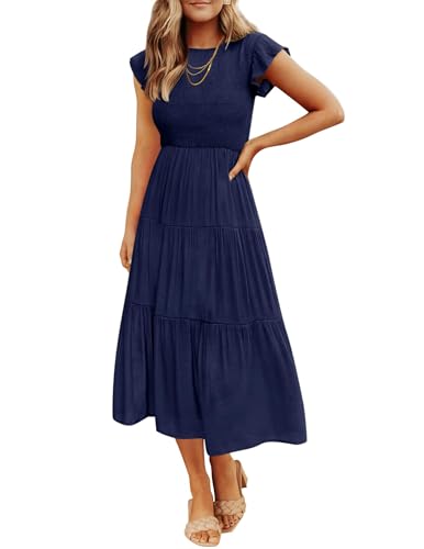 Image of ZESICA Women's 2026 Summer Casual Flutter Short Sleeve Smocked Midi Dress