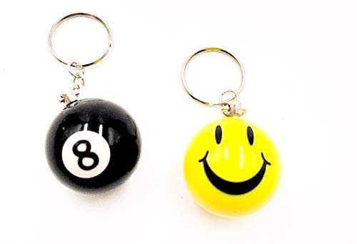 2 x Schlüsselanhänger, Säure, alte Schule, Emoji, Gelb und Billardkugeln, 8. Sportlich, aus Mini-Billardkugel, Musik House 90 Freunde, Party, Schlüsselanhänger Cover
