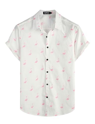 VATPAVE Mens 100% Cotton Hawaiian Shirts Floral Short Sleeve Button Down Shirts Summer Beach Shirts Large White Flamingo