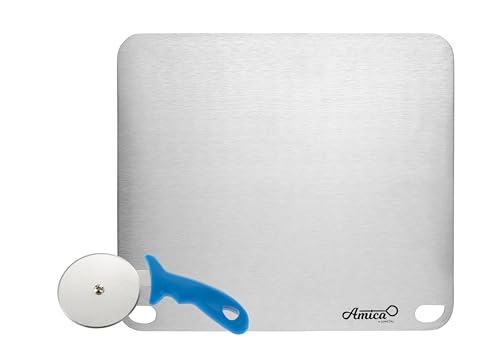 Gi.Metal Kit de placa de acero inoxidable de 40 x 35 cm + cortador de pizza – Para horno, barbacoa y gas – Cocción uniforme y corte preciso – Uso doméstico y profesional
