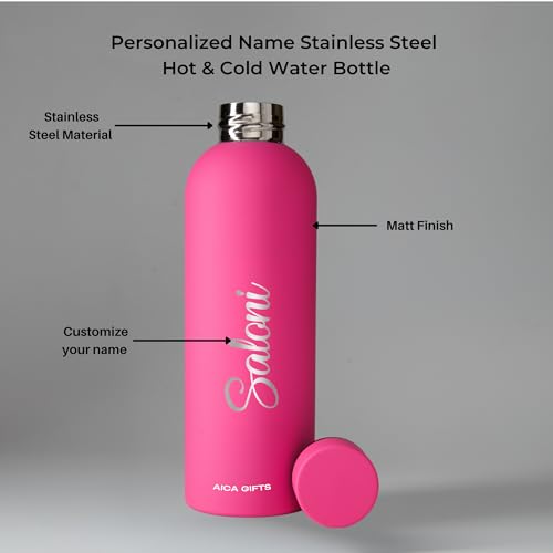 Image of AICA Personalized Name Stainless Steel Water Bottle - 500ml (Dark Pink) | Customized Birthday Anniversary Christmas Eve Secret Santa New Year Gifts for Women Girls