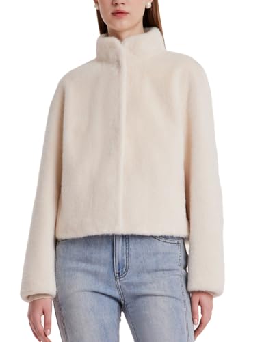 White Faux Fur Winter Coat for Women Short Stand Collar Eco-Friendly Fur Jacket Open Front4