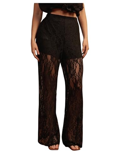 SOLY HUX Women's Plus Size Lace Mesh Pants High Waisted Sheer Flare Leg Party Pants Clubwear