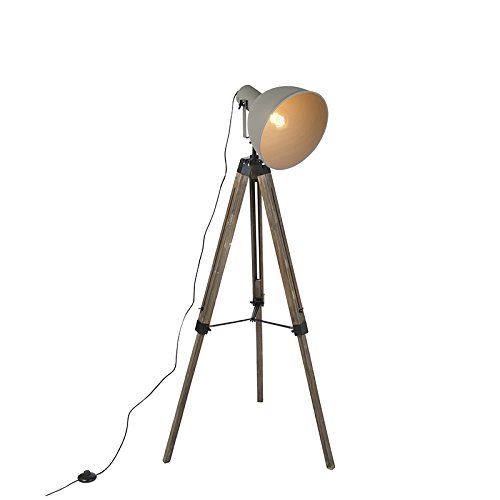 QAZQA Industrie/Industrial Industrielle Stehlampe auf hölzernem Stativ mit grauem Schatten - Laos/Innenbeleuchtung/Wohnzimmerlampe/Schlafzimmer Holz/Stahl Andere LED geeignet E27 Max. 1 x 60
