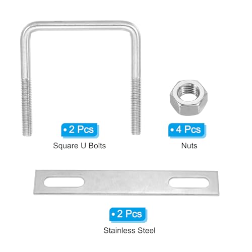 Image of PATIKIL M10x85x100mm Square U-Bolts Kit, 2Set 304 Stainless Steel Square U Shaped Bolts Replacement Parts with Frame Plates and Nuts for Ski Board Sailboat Trailer