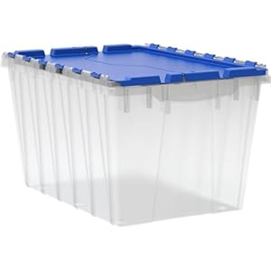 Akro-Mils KeepBox 12 Gallon Storage Container, Nesting and Stackable Plastic Storage Box with Lid Attached, Clear Tote for Garages, Closets, and Moving, 21-1/2″ x 15″ x 12-1/2″, Clear/Blue