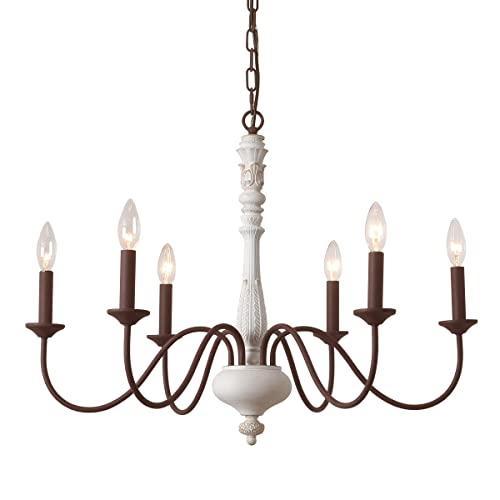 French Country Chandelier, Farmhouse White Distressed Dining Room Lighting Candle Style 6-Light Industrial Iron Pendant Light For Dining Room, Bedroom, Living Room And Bathroom Vintage White Brown #TOP1