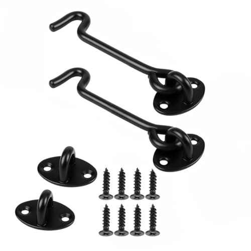 2Pcs Hook and Eye Latch - 4 Inch Black Cabin Hook, Stainless Steel Gate Latch, Heavy Duty Cabinet Latches with Mounting Screws, Eye Latch Swivel Window Hook for Sliding Door, Bathroom (Black)